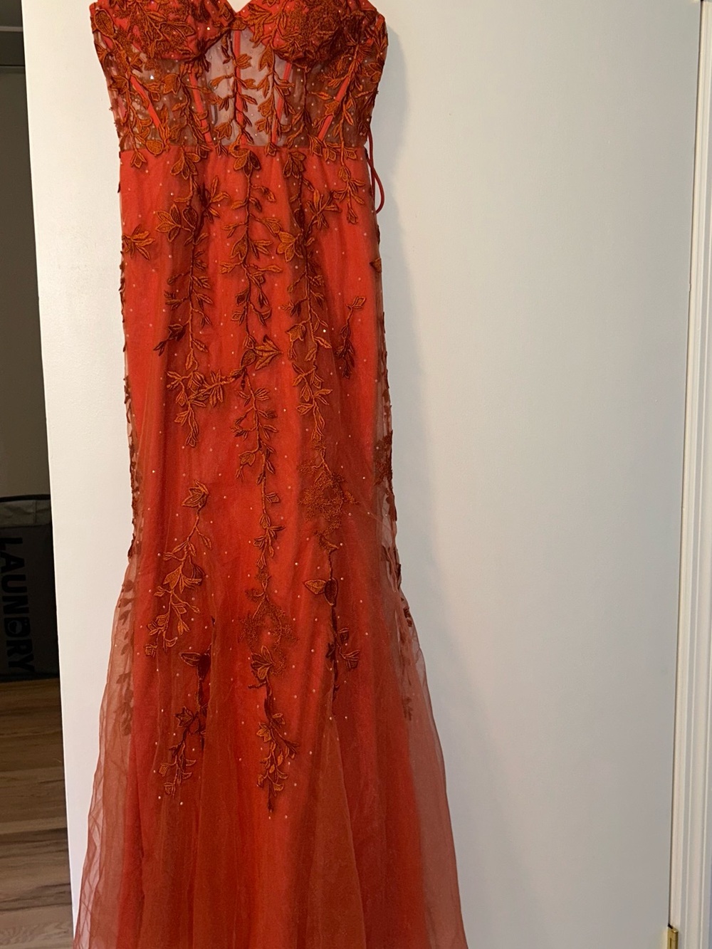 Strapless Embroidered Red Evening Gown